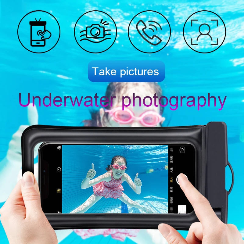 A person holds a Waterproof Phone Pouch, capturing a photo of a child swimming underwater. The image promotes underwater photography and highlights icons for water resistance, taking pictures, and making phone calls.