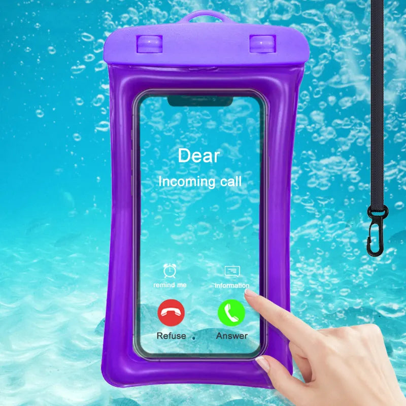 A smartphone in a purple Waterproof Phone Pouch displays an incoming call. The call screen shows options to refuse or answer. The pouch is submerged in water, with bubbles visible in the background.