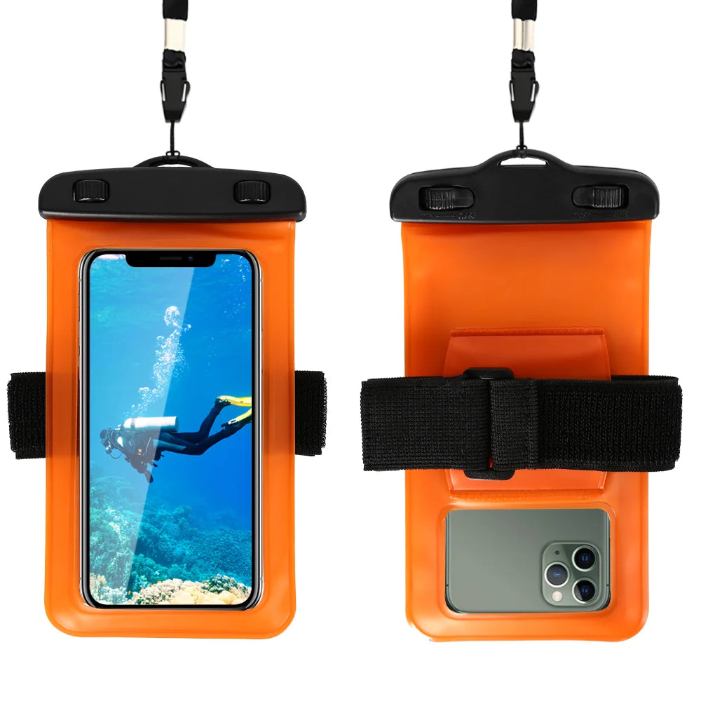 Two Waterproof Pouches with Arm Bands, one showing a smartphone with a scuba diving wallpaper and the other revealing the back of a smartphone, both featuring an orange body and a black strap. These versatile outdoor Waterproof Pouches are perfect for your adventures, functioning seamlessly as waterproof phone holders.