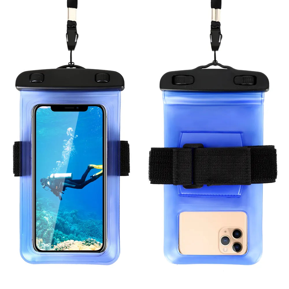 Two views of the Waterproof Pouch with Arm Band: front displaying the smartphone screen featuring a scuba diver image, and back revealing the phone's rear camera. This outdoor phone pouch is blue, equipped with black straps and a clip at the top.