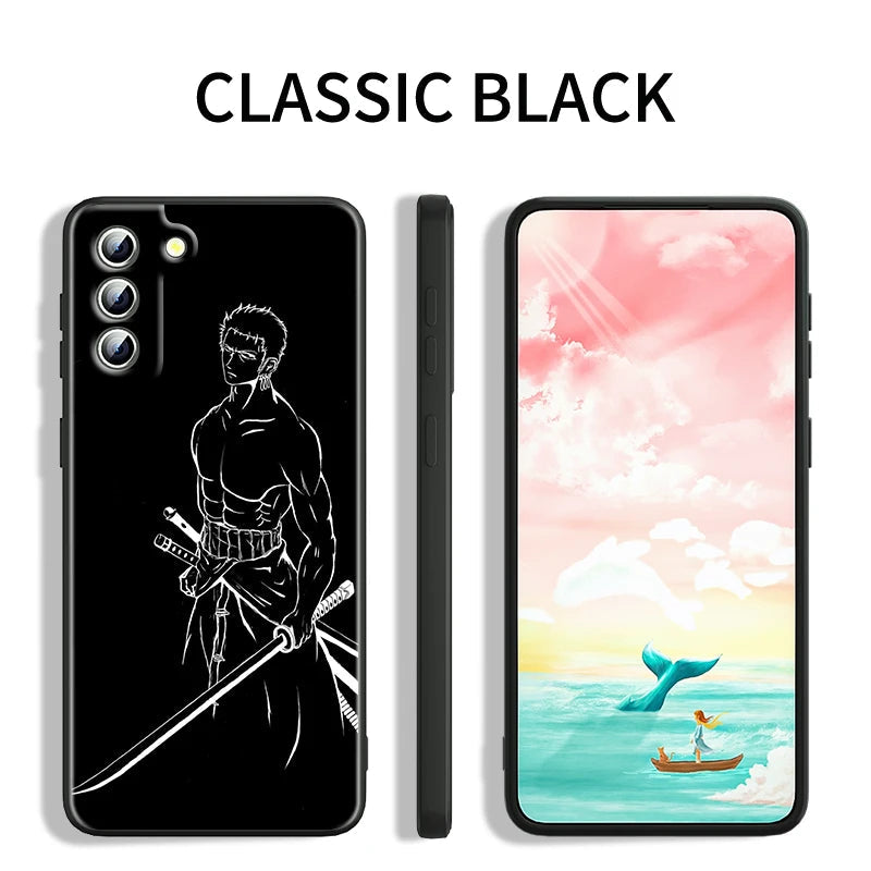 The "Zoro for Samsung" smartphone case features a sleek black design showcasing Roronoa Zoro, the iconic sword-wielding character. Another vibrant case displays a colorful seascape scene with a boat and a whale. Both stylish cases are part of the "Classic Black" collection.